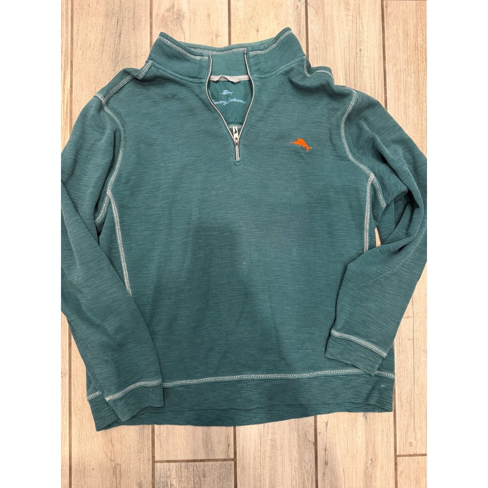 Tommy Bahama Mens XL Green Textured Slub Knit Quarter Zip Pullover Marlin Logo